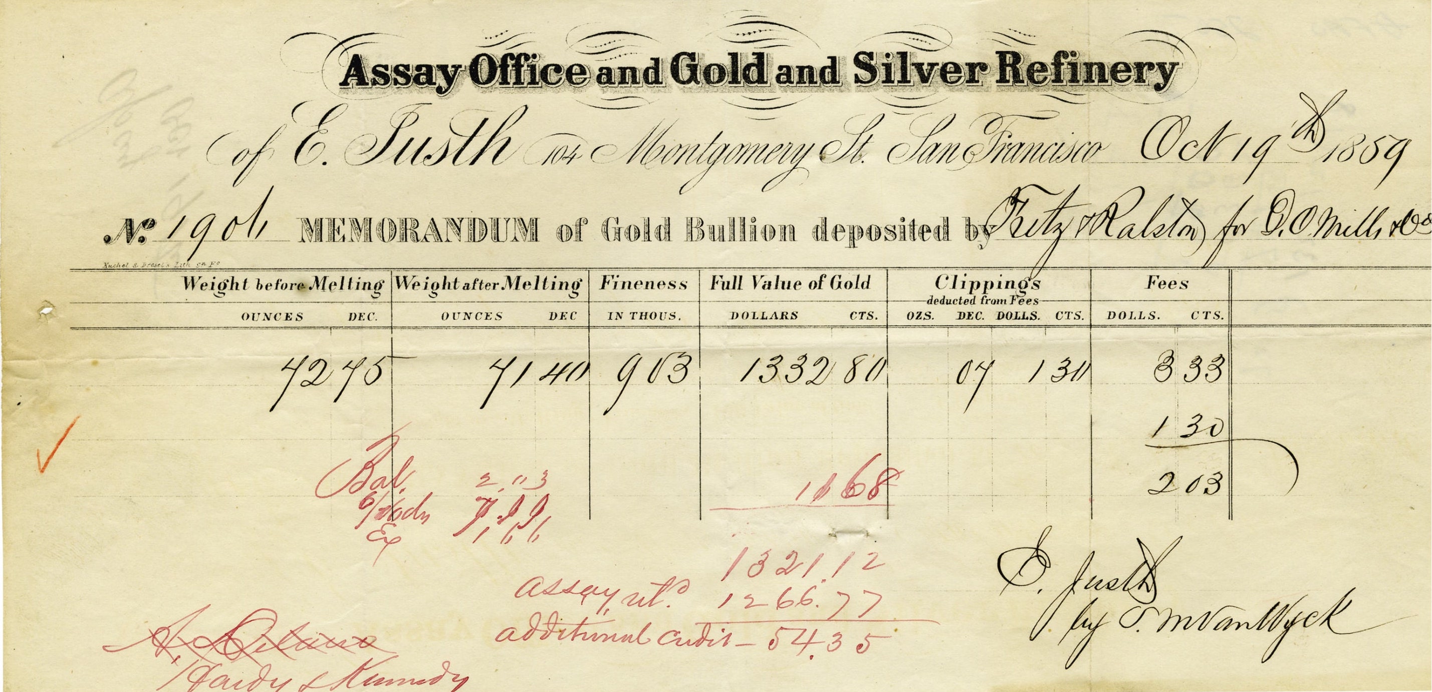 A depository receipt for gold from 1859
